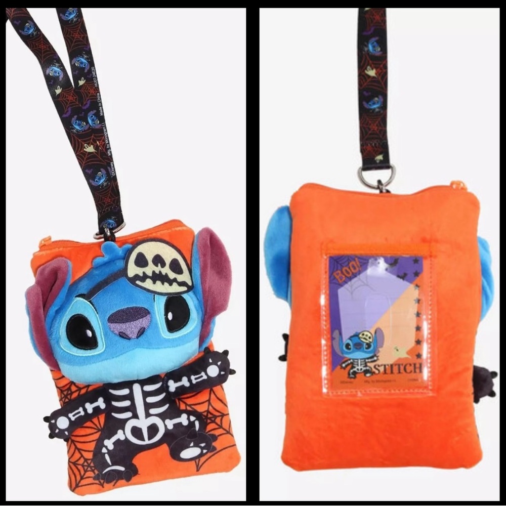 Disney Stitch Halloween lanyard / large (5”x8”) plush zipper ID slot pouch / NEW